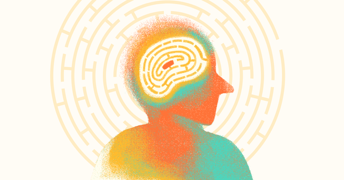 stylized human silhouette with maze in head